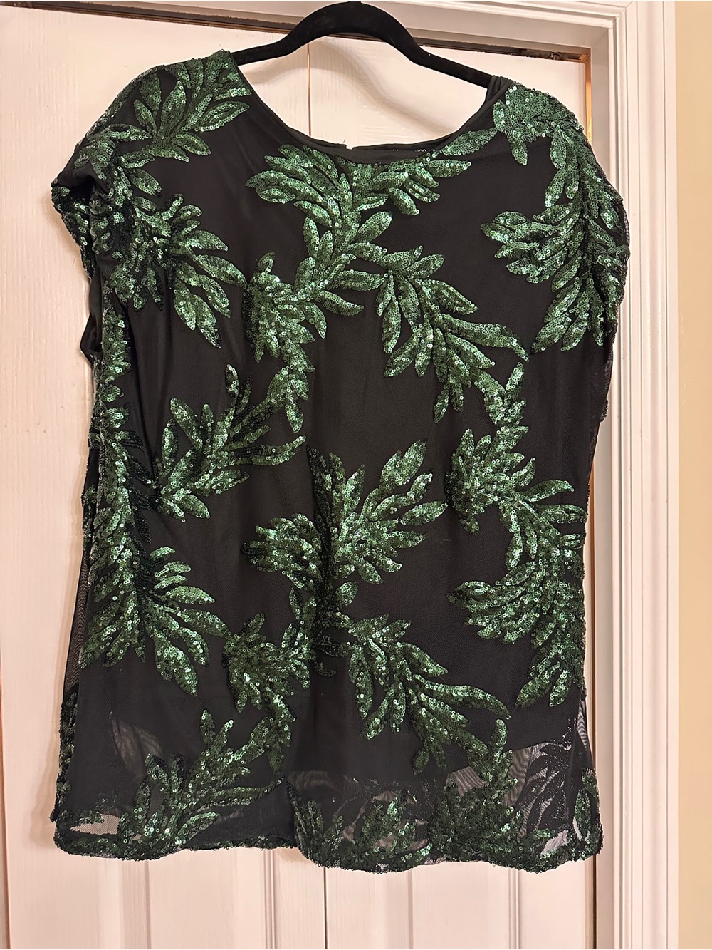 Cable & Gauge Black Mesh Top with Green Sequin Leaf Motif